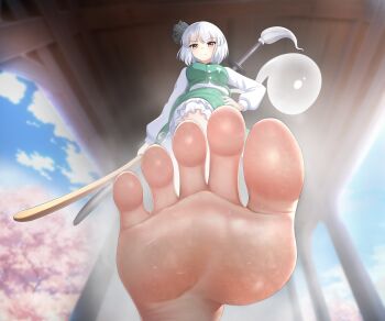 1girl absurdres barefoot feet hand_on_own_hip highres konpaku_youmu looking_at_viewer medium_hair ming pov red_eyes smile soles steam sweat toes touhou white_hair