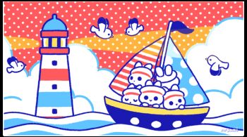 animal animal_focus animated animated_gif bird boat closed_eyes closed_mouth cloud fish flag lighthouse looping_animation mai_narushima no_humans ocean original rabbit seagull signature smile solid_circle_eyes summer watercraft