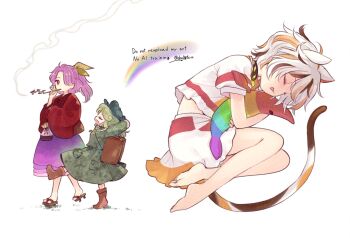 Rule 34 | 3girls, adversarial noise, animal ears, arms behind head, barefoot, biyon, boots, box, brown boots, brown streaks, calico (pattern), camouflage, camouflage shirt, camouflage skirt, cat ears, cat girl, cat tail, cloak, closed eyes, commentary request, curled up, from above, from side, geta, goutokuji mike, grass, green hair, green hat, green shirt, green skirt, hair over one eye, hair ribbon, hat, holding, holding pillow, japanese clothes, kimono, knees, komakusa sannyo, leg up, long hair, long sleeves, multiple girls, open mouth, parted lips, pillow, pink bag, pocket, ponytail, profile, purple hair, purple skirt, red cloak, red eyes, red kimono, ribbon, shirt, short hair, skirt, sleeping, smoking, smoking pipe, tail, touhou, walking, watermark, white background, white hair, white shirt, yamashiro takane, yellow ribbon