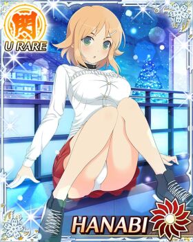 1girl :o border breasts card_(medium) character_name christmas_tree game_cg green_eyes hair_ornament hairclip hanabi_(senran_kagura) ice_skates large_breasts looking_at_viewer medium_hair night official_art orange_hair panties pantyshot red_skirt senran_kagura senran_kagura_new_wave shirt sitting skates skirt snow solo spread_legs underwear white_panties white_shirt winter
