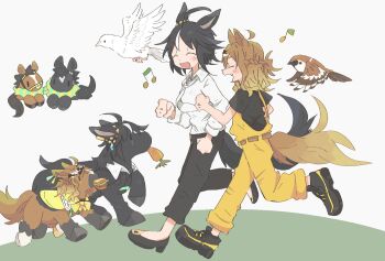 2girls ahoge animal animal_ear_piercing animal_ears animalization belt bird black_hair black_shirt braid brown_belt brown_hair carrot casual chibi chinese_commentary clothed_animal clothing_cutout commentary creature_and_personification dress_shoes ear_ornament eighth_note eurasian_tree_sparrow fang food fuji_kiseki_(racehorse) fuji_kiseki_(umamusume) half_up_half_down_braid highres horse horse_ears horse_girl horse_tail huge_ahoge jiuhao_(jmve3248) jungle_pocket_(racehorse) jungle_pocket_(umamusume) long_sleeves multicolored_hair multiple_girls musical_note overalls person_and_animalization personification pigeon real_life running sandwich shirt shoes short_sleeves skin_fang sneakers sparrow tail tail_through_clothes two-tone_hair umamusume white_hair white_shirt yellow_overalls