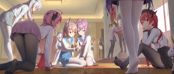 6+girls absurdres ahoge all_fours animal_ears ayanami_(azur_lane) azur_lane black_bow black_hair black_headwear black_legwear black_ribbon black_sailor_collar black_skirt blonde_hair blue_sailor_collar blue_skirt bow box china_dress chinese_clothes closed_mouth cloth collarbone day dress hair_bow hair_ornament hair_ribbon hair_rings hand_on_another&#039;s_thigh hands_on_own_cheeks hands_on_own_face highres himitsu_(hi_mi_tsu_2) holding honolulu_(azur_lane) honolulu_(umbrella_girl)_(azur_lane) indoors jacket javelin_(azur_lane) knees_up laffey_(azur_lane) le_malin_(azur_lane) legs long_sleeves miniskirt multicolored_hair multiple_girls neckerchief ning_hai_(azur_lane) nintendo_switch no_shoes on_box on_floor one_side_up open_clothes open_jacket pantyhose parted_lips ping_hai_(azur_lane) pink_eyes pink_hair pink_neckerchief pink_sailor_collar purple_hair purple_jacket purple_skirt rabbit_ears red_hair red_skirt ribbon sailor_collar saratoga_(azur_lane) school_uniform serafuku shirt short_sleeves sidelocks silver_hair sitting skirt smile soles sparkle stairs standing streaked_hair stuffed_winged_unicorn sunlight thighband_pantyhose twintails two-tone_hair unicorn_(azur_lane) wariza white_dress white_legwear white_shirt white_skirt wooden_floor x_hair_ornament yat_sen_(azur_lane) yellow_neckerchief z23_(azur_lane)
