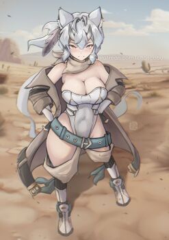 Rule 34 | 1girl, absurdres, animal ear fluff, animal ears, artist name, bandana, bandana around neck, bare shoulders, boots, breasts, brown bandana, brown coat, cat ears, chascoby, cleavage, closed mouth, coat, commentary, covered navel, desert, full body, grey hair, hands on own hips, highres, kobita (chascoby), large breasts, leotard, looking at viewer, off shoulder, open clothes, open coat, orange eyes, original, patreon username, solo, standing, strapless, strapless leotard, white boots, white leotard