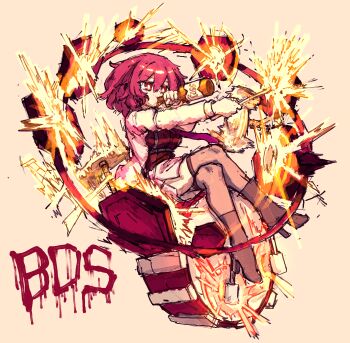 Rule 34 | 1girl, boots, bottle, breasts, brown boots, brown thighhighs, commentary, drinking, drum, drumsticks, high heel boots, high heels, highres, holding, holding bottle, horikawa raiko, instrument, jacket, korean commentary, large breasts, long sleeves, medium hair, miniskirt, music, necktie, open clothes, open jacket, playing instrument, purple necktie, rampa93, red eyes, red hair, red shirt, shirt, sitting, sitting on drum, skirt, solo, suit jacket, taiko drum, thighhighs, touhou, white skirt