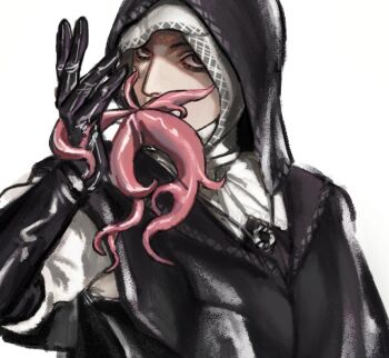1girl black_capelet black_gloves black_hood brown_eyes capelet commentary_request elbow_gloves elden_ring elden_ring_nightreign gloves jewelry looking_at_viewer mouth_tentacles necklace nun solo tentacle_tongue undertaker_(elden_ring) upper_body white_background white_coif zkxsd2hlk9upkuy