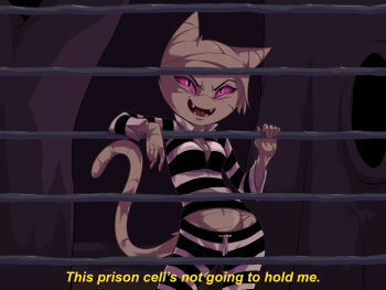 1girl absurdres adventure_time animal_ears cat_ears cat_girl cell fangs female_focus furry furry_female highres me-mow navel pink_eyes plague_of_gripes prison solo striped tail