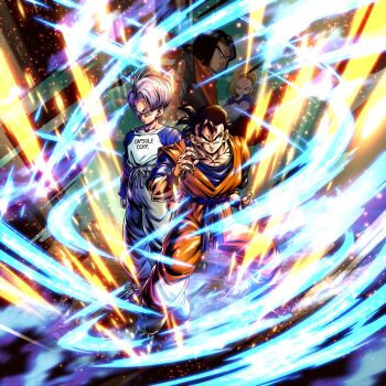 1girl 3boys android_17 android_18 dragon_ball dragon_ball_legends fighting_stance highres master_and_apprentice master_and_pupil multiple_boys muscular muscular_male official_art serious son_gohan son_gohan_(future) trunks_(dragon_ball) trunks_(future)_(dragon_ball)