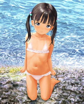 1girl bad_source bikini blue_eyes closed_mouth collarbone fanged_bangs flat_chest frilled_bikini frills hair_bobbles hair_ornament kneeling loli looking_at_viewer navel original shore solo stomach swimsuit twintails uehara16 water white_bikini