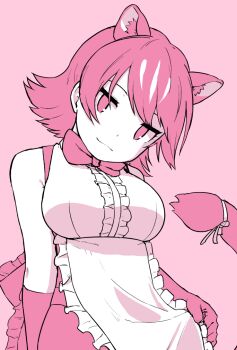 1girl animal_ear_fluff animal_ears apron bare_shoulders bow bowtie breasts center_frills commentary_request elbow_gloves extra_ears flipped_hair frilled_apron frills gloves head_tilt kemono_friends large_breasts limited_palette looking_at_viewer panther_ears peach_panther_(kemono_friends) pink_background pink_bow pink_bowtie pink_eyes pink_gloves pink_hair pink_theme ribbon rumenia_(ao2is) shirt short_hair simple_background sleeveless sleeveless_shirt smile solo tail tail_ornament tail_ribbon white_ribbon