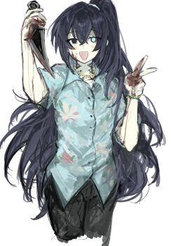 1boy black_eyes black_pants blood blood_on_face blood_on_hands blue_eyes blue_shirt chain chain_necklace chinese_commentary collared_shirt commentary_request dagger hair_between_eyes half_updo hawaiian_shirt high_ponytail highres holding holding_dagger holding_knife holding_weapon hong_lu_(project_moon) jewelry knife limbus_company long_hair male_focus neck_tattoo necklace open_mouth pants ponytail project_moon shirt simple_background smile tattoo tingtang_gang_(identity)_(project_moon) very_long_hair weapon wei_jinying white_background