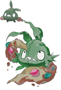 :&lt; bairizuomeng black_eyes closed_mouth commentary english_commentary full_body gen_5_pokemon highres looking_up nintendo no_humans pokemon pokemon_(creature) pokemon_focus reference_inset sharp_teeth simple_background solo standing teeth trash trubbish white_background