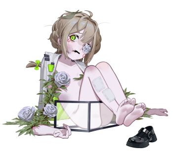 1girl amputee armless_amputee bags_under_eyes barefoot black_mouth bow braid braided_ponytail breasts brown_hair bruise bruise_on_face collarbone commentary crying crying_with_eyes_open double_amputee drooling female_focus flower flower_over_eye frown full_body gauze gauze_on_leg green_bow green_eyes hair_bow highres injury jacket jacket_on_shoulders knees_up leaf leaf_on_head loli long_hair looking_at_viewer naked_jacket open_clothes open_jacket open_mouth original plant rose ryuuforkaf severed_arm severed_limb shoes sitting small_breasts solo symbol-only_commentary tears unworn_shoes vines white_background white_flower white_jacket white_rose