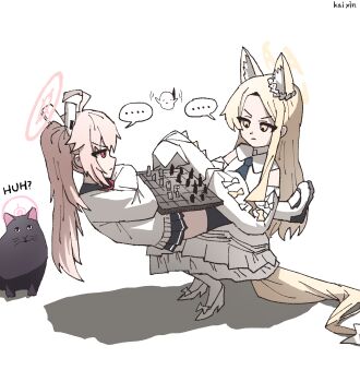 ... 2girls absurdres ahoge animal_ears animalization artist_name bird black_cat black_sailor_collar black_skirt black_thighhighs blonde_hair blue_archive blue_necktie board_game bow cardigan cat chess chess_piece closed_mouth commentary concentrating cross_halo crossed_arms detached_sleeves dress english_commentary english_text extra_ears forehead fox_ears fox_girl fox_tail frilled_dress frilled_sleeves frills hair_bow hair_ornament halo high_heels high_ponytail highres huh?_cat_(meme) kai_xin kazusa_(blue_archive) long_hair long_sidelocks meme miniskirt multiple_girls natsu_(blue_archive) neckerchief necktie pantyhose parted_bangs petticoat pink_hair pink_halo ponytail red_eyes red_neckerchief sailor_collar seia_(blue_archive) shoes short_dress short_necktie side_ponytail sidelocks simple_background sitting sitting_on_lap sitting_on_person skirt sleeve_bow sleeveless sleeveless_dress sleeves_past_fingers sleeves_past_wrists sneakers spoken_ellipsis squatting tail thighhighs tit_(bird) turtleneck white_background white_bow white_cardigan white_dress white_pantyhose white_shoes white_sleeves yellow_bow yellow_eyes yellow_halo zettai_ryouiki