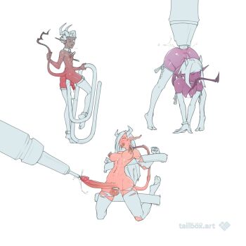 1boy 2girls artist_name breasts demon_boy demon_girl demon_horns demon_tail eyepatch futanari highres horns huge_penis large_breasts long_hair marker medium_breasts medium_hair multiple_girls nipple_piercing original paperclip pen penis piercing short_hair simple_background tail tailbox thighhighs torn_clothes torn_thighhighs white_background white_thighhighs wide_hips