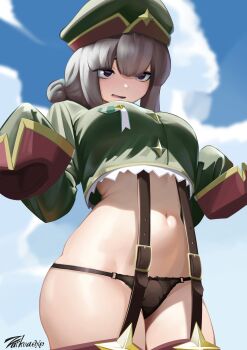 1girl araga_kiwi artist_name black_eyes black_panties blue_sky breasts cloud cloudy_sky commentary crop_top crop_top_overhang day green_hat green_shirt grey_hair hands_up hat highres large_breasts leoparde_(mahou_shoujo_ni_akogarete) mahou_shoujo_ni_akogarete military_hat navel open_mouth outdoors panties shirt sky sleeves_past_fingers sleeves_past_wrists solo stomach thighs underwear zarkua_exe
