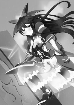 1girl armor blush breasts corset date_a_live functionally_nude gauntlets greyscale high_heels leg_up long_hair medium_breasts monochrome nipples pauldrons pubic_hair pussy rayos ribbon shoulder_armor skirt solo thighhighs transparent_skirt very_long_hair yatogami_tohka