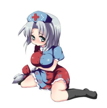 Rule 34 | 1girl, black socks, braid, breast hold, breast lift, breasts, comcom, dress, female focus, green eyes, hair ribbon, hat, impossible clothes, impossible dress, kneehighs, large breasts, legs, long hair, lowres, nurse cap, pout, ribbon, silver hair, sitting, socks, solo, thighs, touhou, yagokoro eirin