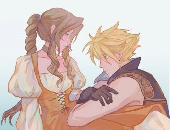 1boy 1girl aerith_gainsborough aerith_gainsborough_(garnet's_gown) black_gloves black_vest blonde_hair braid braided_ponytail breasts brown_hair choker cloud_strife cloud_strife_(zidane's_outfit) cosplay couple crossed_arms diakki dress earrings final_fantasy final_fantasy_vii final_fantasy_vii:_ever_crisis garnet_til_alexandros_xvii garnet_til_alexandros_xvii_(cosplay) gloves grey_choker hair_between_eyes hair_tie hetero highres jewelry juliet_sleeves long_dress long_hair long_sleeves looking_at_another medium_breasts official_alternate_costume orange_dress parted_lips puffy_sleeves shirt short_hair sidelocks single_braid single_earring spiked_hair upper_body vest white_shirt zidane_tribal zidane_tribal_(cosplay)