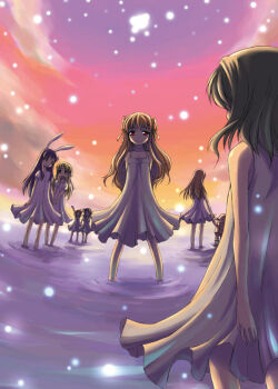 Rule 34 | 00s, 6+girls, air (visual novel), animal ears, atsumuchi, blush, brown hair, clannad, crossover, garbage doll, girl (air), girl from the illusionary world, hisakawa chin, kanon, kawasumi mai, kurata sayuri, long hair, multiple girls, one - kagayaku kisetsu e, orihara misao, rabbit ears, red eyes, sky, wading, water