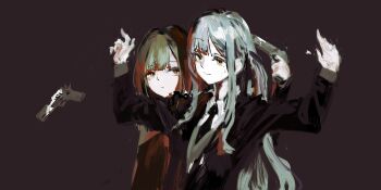 Rule 34 | 2girls, absurdres, bang dream!, bang dream! it's mygo!!!!!, black necktie, blue hair, closed mouth, green hair, gun, gun to head, handgun, hands up, highres, holding, holding gun, holding weapon, lemtun, long hair, multiple girls, necktie, sidelocks, simple background, togawa sakiko, upper body, wakaba mutsumi, weapon, yellow eyes