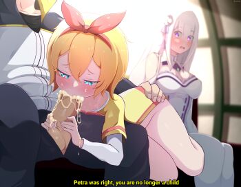1boy 2girls absurdres age_difference blue_eyes blush breasts cubson cum cum_in_mouth emilia_(re:zero) english_text fellatio grabbing_another's_penis hair_ribbon hand_on_own_hip hetero highres large_breasts loli multiple_girls natsuki_subaru oral orange_hair penis petra_leyte re:zero_kara_hajimeru_isekai_seikatsu ribbon sitting testicles thighs uncensored