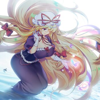 1girl artist_request blonde_hair breasts bug butterfly cleavage commentary_request dress hat insect large_breasts long_hair mob_cap official_art partially_submerged purple_dress second-party_source solo touhou touhou_lostword water water_drop white_background white_hair yakumo_yukari