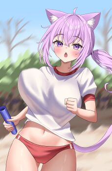 1girl absurdres ahoge animal_ears bare_tree blue_sky blush bouncing_breasts breasts buruma cat_ears cat_girl cat_tail commentary day gym_uniform hair_between_eyes highres holding hololive kumoru_(kumoru_145) large_breasts long_hair looking_at_viewer motion_blur navel nekomata_okayu open_mouth outdoors pink_eyes pink_hair pink_tail ponytail red_buruma shirt short_sleeves sky solo stomach tail thighs tree virtual_youtuber white_shirt