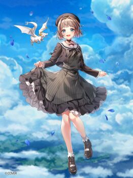 1girl :d baizu_(guszx) belt black_bow black_choker black_shoes blue_eyes blue_petals blunt_bangs blush bow breasts brown_hair brown_jacket choker clothes_lift cloud dragon dress excellia_cruz frills full_body green_dress grey_belt grey_hat hat jacket large_breasts loafers long_sleeves looking_at_viewer official_art open_mouth sailor_collar shironeko_project shoes short_hair skirt skirt_lift sky small_dragon smile socks standing standing_on_one_leg striped_clothes striped_dress tareme third-party_source white_dragon white_sailor_collar white_socks