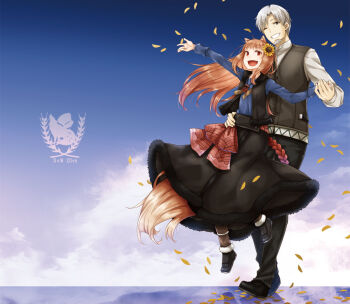 Rule 34 | 1boy, 1girl, animal ears, anniversary, ayakura juu, beard, brown hair, commentary request, craft lawrence, facial hair, fang, flower, full body, fur trim, grey hair, grin, hair flower, hair ornament, holding hands, holo, long hair, long skirt, one eye closed, open mouth, red eyes, short hair, skirt, smile, spice and wolf, sunflower, sunflower hair ornament, tail, vest, wolf ears, wolf girl, wolf tail