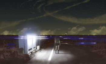 Rule 34 | 1girl, bad id, bad pixiv id, city lights, female focus, from behind, lens flare, night, original, scenery, school uniform, shiira, sky, solo, vending machine