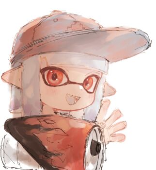 1girl :d baseball_cap blue_hair blue_tongue colored_tongue grey_hat hand_up hat highres inkling inkling_girl inkling_player_character light_blue_hair nintendo open_mouth plum0o0 pointy_ears range_blaster_(splatoon) red_eyes short_hair simple_background smile solo splatoon_(series) teeth tentacle_hair white_background