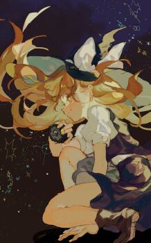 +_+ 1girl between_legs black_hat black_skirt black_vest blonde_hair bow commentary_request floating_hair from_side full_body hand_between_legs hand_on_ground hat hat_bow highres holding kirisame_marisa long_hair mini-hakkero nail_polish night night_sky puffy_short_sleeves puffy_sleeves shinjitsu_no_kuchi shirt short_sleeves skirt sky smile solo sparkle squatting star_(sky) starry_sky touhou vest white_bow white_shirt witch_hat yellow_eyes yellow_nails