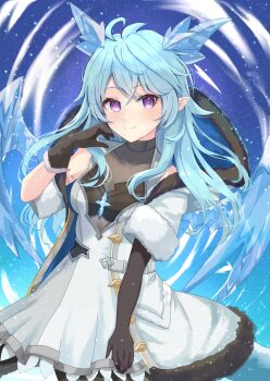 Rule 34 | 1girl, ahoge, alternate hairstyle, aqua hair, arisaka luna, asymmetrical gloves, black gloves, closed mouth, crystal horns, crystal tail, crystal wings, dragon tail, dragon wings, dress, fur-trimmed gloves, fur trim, gloves, highres, light smile, long hair, looking at viewer, pointy ears, princess connect!, purple eyes, sheffy (princess connect!), solo, tail, white dress, wings