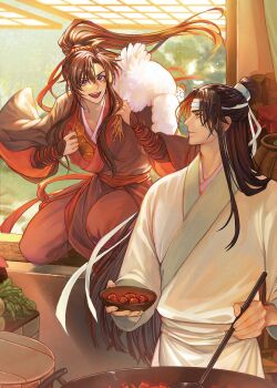 2boys :d ahoge animal arm_wrap bird black_hair black_hanfu bowl brown_hair chicken chinese_clothes closed_mouth commentary cooking cooking_pot couple day english_commentary eye_contact falling_feathers feathers floating_hair food fruit ganen_cheese grey_eyes grey_pants hair_ribbon hand_up hanfu headband high_ponytail highres holding holding_animal holding_bowl holding_ladle indoors kitchen ladle lan_wangji long_hair long_sleeves looking_at_another male_focus modao_zushi multiple_boys object_in_clothes on_one_knee open_mouth open_window pants persimmon plant ponytail pork purple_eyes radish red_ribbon red_sash ribbon robe sash sidelocks smile standing stove table through_window topknot vegetable very_long_hair wei_wuxian white_feathers white_hanfu white_headband wide_sleeves window xiao_guan_(headdress) yaoi yellow_eyes