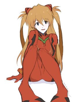 Rule 34 | 1girl, artist request, ass, bodysuit, brown hair, dated, highres, long hair, looking at viewer, mecha pilot suit, neon genesis evangelion, plugsuit (evangelion), red bodysuit, road, simple background, sitting, smile, solo, souryuu asuka langley, street, twintails, two side up, white background, wide hips