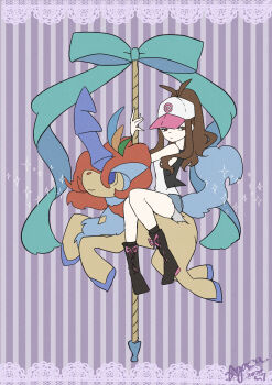 1girl absurdres agatha_(keina) arm_support bare_legs baseball_cap black_vest blue_eyes blue_ribbon breasts brown_eyes brown_hair carousel closed_mouth denim denim_shorts expressionless full_body gen_5_pokemon hat high_ponytail highres hilda_(pokemon) horns keldeo keldeo_(resolute) legendary_pokemon long_hair looking_at_viewer looking_up mythical_pokemon nintendo poke_ball_print pokemon pokemon_(creature) pokemon_bw ponytail ribbon riding riding_pokemon shorts signature simple_background single_horn sitting smile striped_background tail vest
