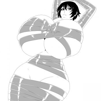 1girl absurdres arms_up breasts curvy female_focus functionally_nude gigantic_breasts greyscale highres lips looking_at_viewer monochrome persona persona_4 ribbon shirogane_naoto short_hair skindentation solo wide_hips zdemian