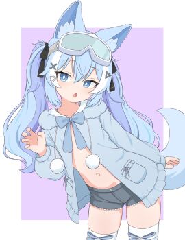 1girl :o absurdres animal_ears black_shorts blue_eyes blue_hair blue_hoodie claw_pose commission contrapposto fox_ears fox_girl fox_tail highres hood hood_down hoodie long_hair long_sleeves looking_at_viewer multicolored_hair navel open_clothes open_hoodie open_mouth pixiv_commission purple_hair short_shorts shorts simple_background stomach tail thighhighs tooteki twintails vrchat white_hair white_thighhighs