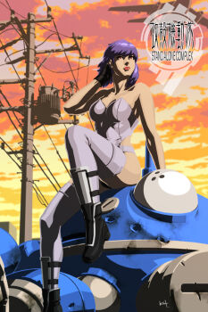 1girl 1other copyright_name curvy cyborg evening ghost_in_the_shell ghost_in_the_shell:_stand_alone_complex highleg highleg_leotard jacket kit kusanagi_motoko leotard military military_vehicle motor_vehicle powerlines purple_hair revealing_clothes robot short_hair sitting tachikoma tank thong_leotard weapon