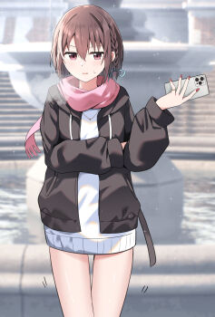 1girl absurdres black_jacket blue_ribbon blurry blurry_background blush braid breath brown_hair cac_itinose cellphone commentary_request day depth_of_field drawstring fountain fringe_trim hair_between_eyes hair_ribbon hand_up highres holding holding_phone hood hood_down hooded_jacket jacket long_sleeves looking_at_viewer motion_lines nail_polish original outdoors parted_lips phone pink_scarf puffy_long_sleeves puffy_sleeves red_eyes red_nails ribbon scarf shirt small_sweatdrop solo stairs stone_stairs sweat white_shirt