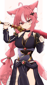 1girl absurdres ahoge animal_ear_fluff animal_ears bare_shoulders black_leotard black_sleeves blush braid breasts cleavage closed_mouth commentary_request grey_background hair_between_eyes hair_ornament highres holding holding_weapon leotard long_hair long_sleeves medium_breasts multicolored_hair nyaha original pink_hair puffy_long_sleeves puffy_sleeves red_eyes single_braid solo streaked_hair tail v-shaped_eyebrows very_long_hair watermark weapon weapon_request white_hair