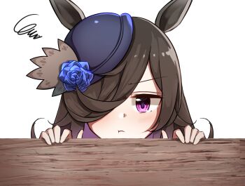 1girl :t absurdres animal_ears black_hair blue_flower blue_rose blush commentary_request enon1129 flower hair_over_one_eye hat hat_flower highres horse_ears horse_girl long_hair looking_at_viewer one_eye_covered peeking pout purple_eyes purple_hat rice_shower_(umamusume) rose solo squiggle tilted_headwear umamusume v-shaped_eyebrows white_background