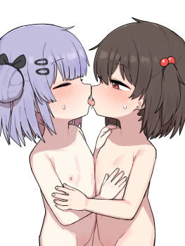 2girls absurdres blush closed_eyes commentary_request flat_chest french_kiss hair_ornament highres kiss kodomo_doushi korean_commentary lakilolom loli mixed-language_commentary multiple_girls nipples nude original paid_reward_available profile simple_background tongue variant_set white_background yuri