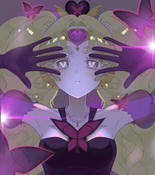 Rule 34 | 1girl, bare shoulders, bead necklace, beads, breasts, bug, butterfly, butterfly-shaped pupils, colored eyelashes, commentary request, cosplay, dark persona, detached sleeves, eugu2171351, expressionless, falulu, falulu (awakened), forehead jewel, gloves, green hair, grey eyes, hands up, harune aira, harune aira (cosplay), heart, highres, idol clothes, insect, jewelry, korean commentary, long hair, looking at viewer, medium breasts, necklace, open hands, parted bangs, pretty rhythm, pretty rhythm dear my future, pretty series, pripara, puffy detached sleeves, puffy sleeves, purple gloves, solo, symbol-shaped pupils, upper body