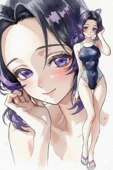 1girl ai-chan_(animelovely930) black_hair black_one-piece_swimsuit blush breasts butterfly_hair_ornament full_body grey_one-piece_swimsuit groin hair_ornament hand_up highres kimetsu_no_yaiba kochou_shinobu large_breasts looking_at_viewer multiple_views one-piece_swimsuit purple_hair sandals simple_background smile standing swimsuit white_background