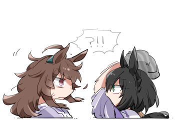 !? 2girls ahoge animal_ears arm_up beer_hsk black_hair braid brown_hair crown_braid eye_contact green_eyes grey_hat hair_between_eyes hat holding holding_unworn_clothes holding_unworn_hat horse_ears kin&#039;iro_ryotei_(umamusume) looking_at_another low_ponytail multiple_girls nakayama_festa_(umamusume) ponytail profile puffy_short_sleeves puffy_sleeves purple_eyes purple_skirt school_uniform short_sleeves simple_background skirt spoken_interrobang striped_clothes striped_headwear tracen_school_uniform umamusume unworn_hat unworn_headwear vertical-striped_clothes vertical-striped_headwear white_background