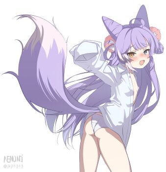 1girl absurdres animal_ears ass blush breasts fox_ears fox_girl fox_tail heterochromia highres long_hair n3moni panties purple_hair shirt sleeves_past_fingers sleeves_past_wrists small_breasts solo stellive tail tenko_shibuki underwear virtual_youtuber white_background white_panties