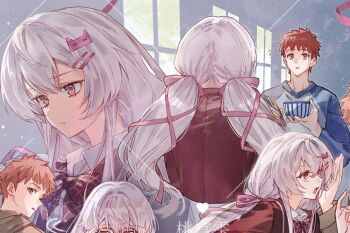 1girl artist_request black_jacket blue_sweater blush breasts chair cherry_blossoms classroom commentary commission couple desk emiya_shirou english_commentary falling_petals fate/stay_night fate_(series) gaoyue_jixiang glasses hetero highres jacket long_hair long_sleeves looking_at_another oc_x_canon on_chair on_desk open_clothes open_jacket orange_hair original pastels petals print_ribbon red_eyes red_hair ribbon school school_chair school_desk school_uniform second-party_source sitting skirt smile suzumiya_toru_(gaoyue_jixiang) sweater tree twintails very_long_hair white_hair white_jacket window