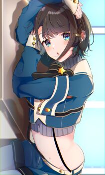 1girl absurdres armband belt black_bow black_bowtie black_hair blue_armband blue_eyes blue_jacket blue_shorts bow bowtie braid brooch cropped_jacket cross_hair_ornament desk emutakanoe gold_buttons grey_shirt hair_ornament hand_on_own_arm hand_on_own_head high_collar highres hololive indoors jacket jewelry long_sleeves looking_at_viewer lying midriff navel on_side oozora_subaru oozora_subaru_(suspenders) parted_lips pinstripe_pattern pinstripe_shirt shirt short_hair shorts side_braid sideways sleeve_cuffs solo star_(symbol) star_brooch star_hair_ornament suspender_shorts suspenders swept_bangs virtual_youtuber white_belt