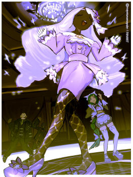 2boys 2girls :d apron border bow braid chandelier closed_eyes commentary dark-skinned_female dark_skin dress eyelashes fishnet_pantyhose fishnets gloves green_hair hair_bow hands_up high_heels highres indoors jacinthe_(pokemon) lebanne_(pokemon) long_hair long_sleeves maid mayotsunamayo multiple_boys multiple_girls nintendo open_mouth pantyhose philippe_(pokemon) pokemon pokemon_legends:_z-a purple_dress purple_shoes shoes smile teeth thighhighs twintails twitter_username upper_teeth_only w_arms white_border white_gloves